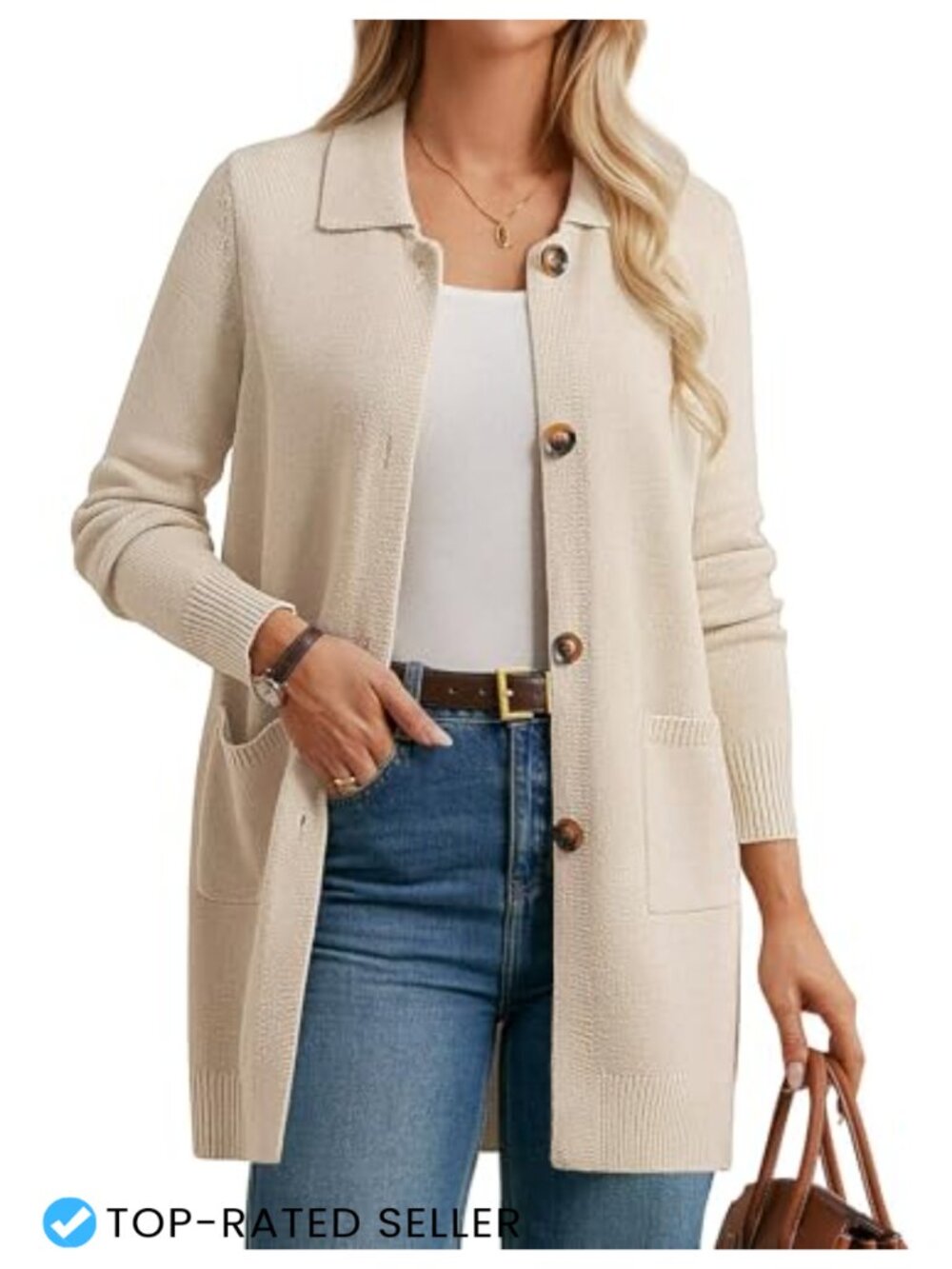 Long Cardigan Sweater Button Front Collar Pockets Lightweight